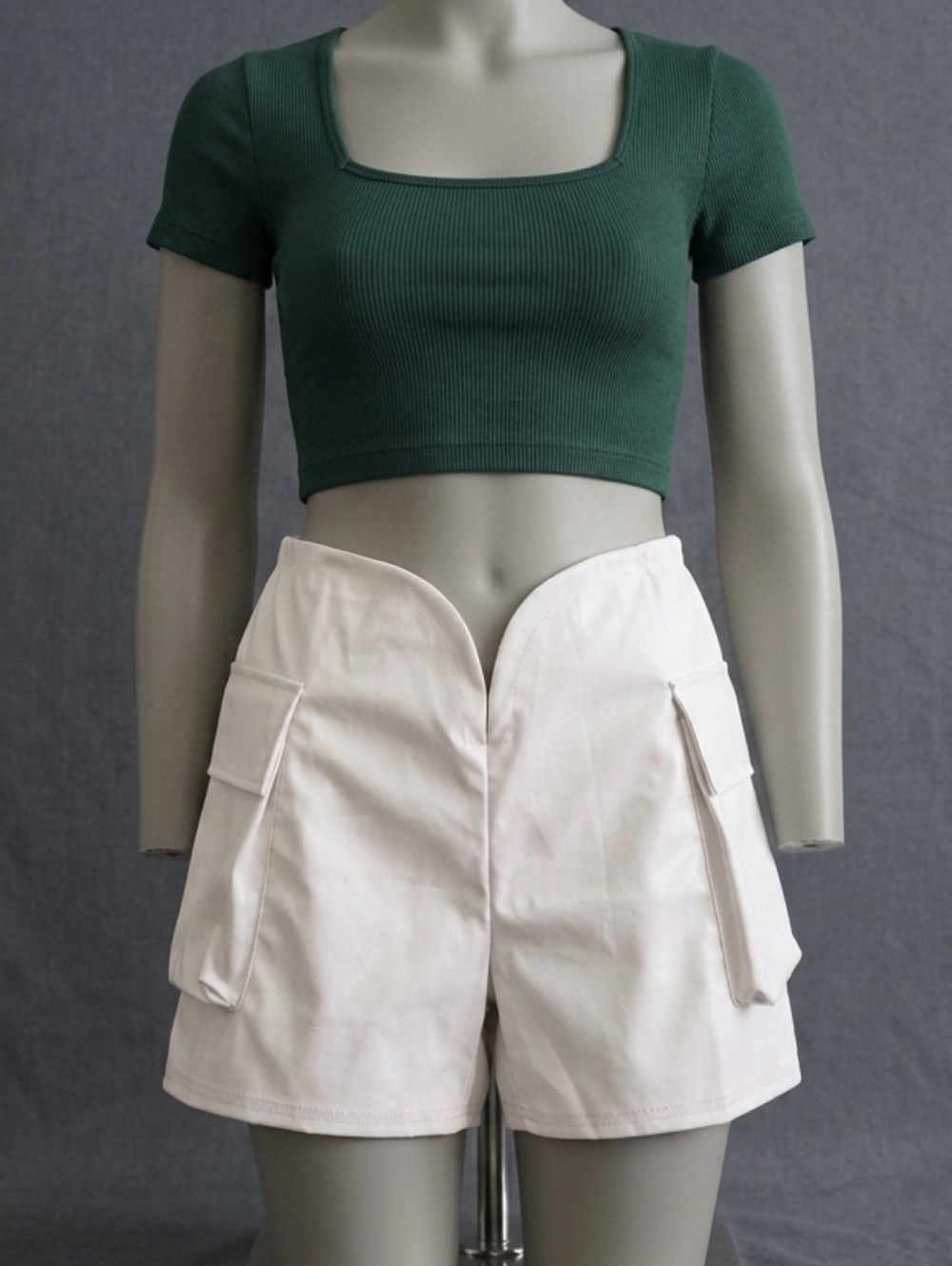 White Cargo Pocket Shorts with Elastic Waist- Vegan Leather